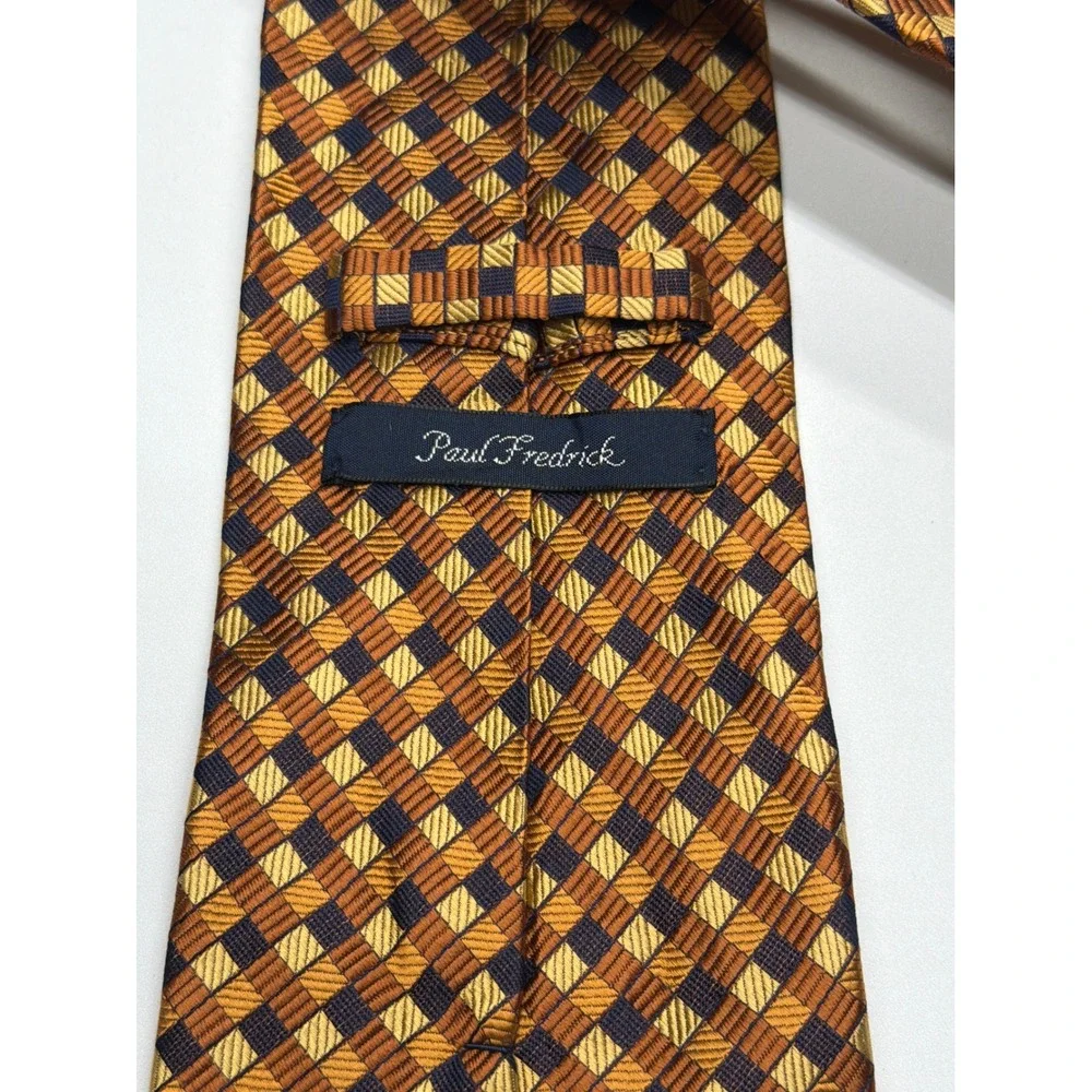 Paul Fredrick Mens Silk Tie Gold Copper Navy‎ Geometric Check Woven Hand Made